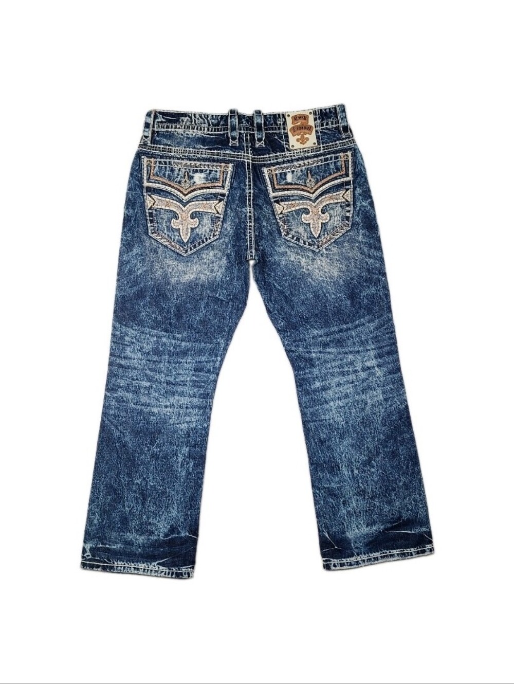 Rock Revival Relaxed Straight Jeans Blue Embroidered Acid Wash Men’s 34 (36x30)